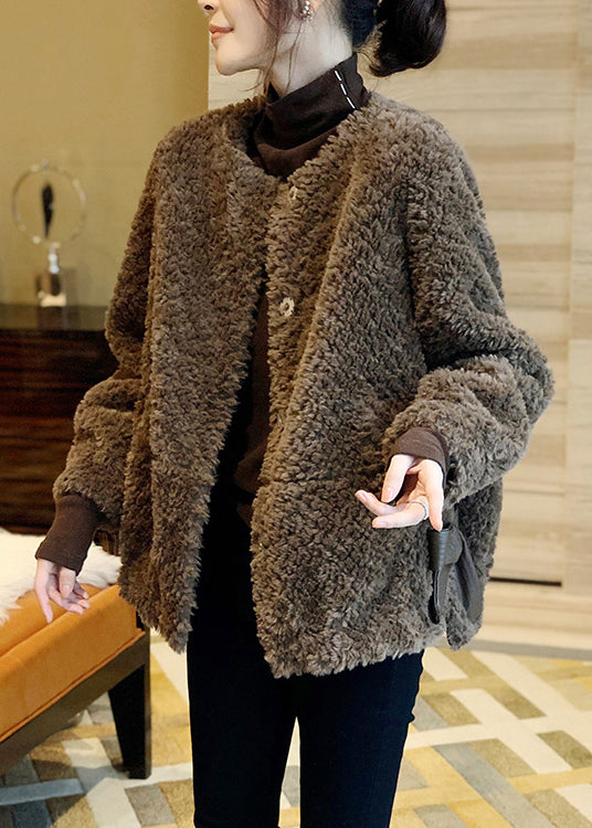 Vogue Coffee O-neck Button Thick Faux Fur Coat Fall