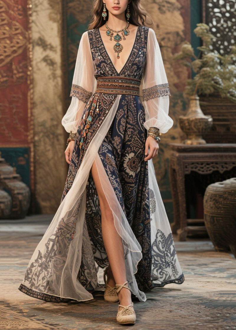 Black Deep-v Neck Print Chiffon Maxi Dresses Summer