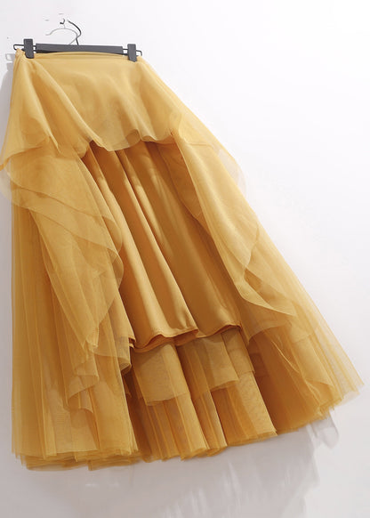 Yellow Wrinkled Elastic Waist Tulle Skirt Summer