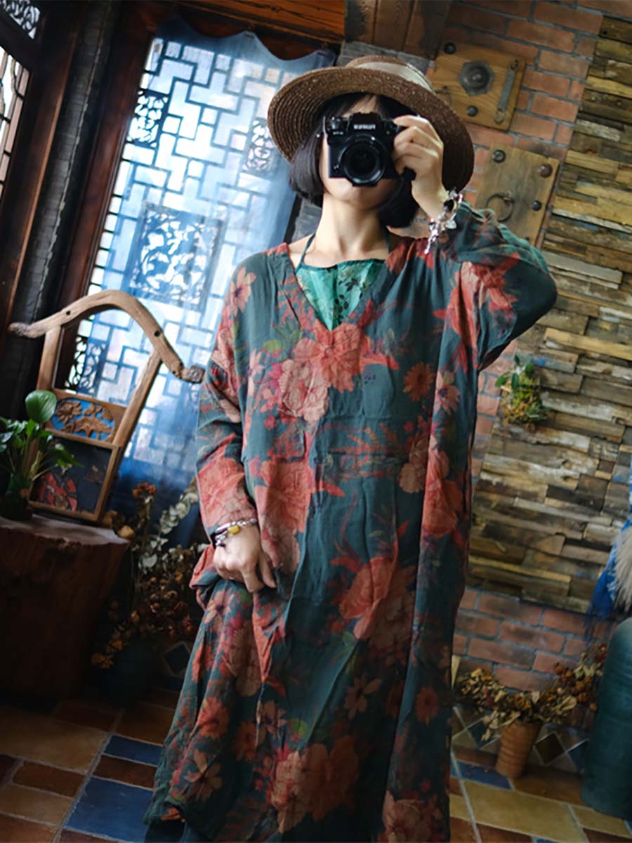 Print V-neck Loose Dress