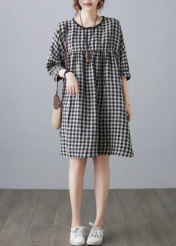 O-neck Wrinkled Pocket Plaid Linen Loose Dresses Half Sleeve