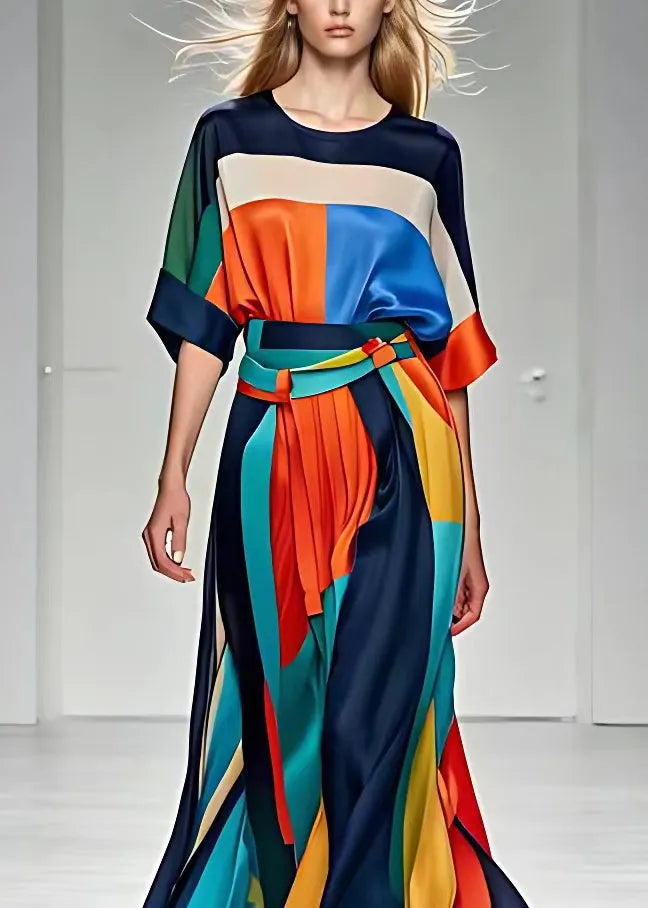 French Print Tops and High Waist Skirts Silk Two Pieces Set Half Sleeve