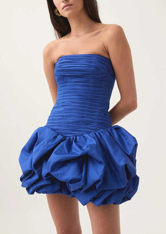 Blue Wrinkled Cotton Mid Dress Strapless Summer