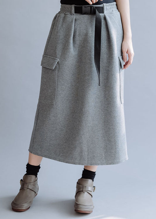 Modern Grey Elastic Waist Pockets Cotton Skirt Fall