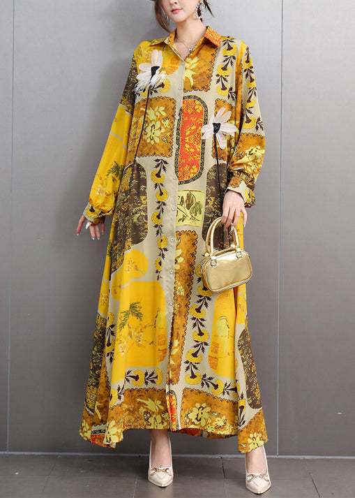 Yellow Oversized Print Chiffon Long Dresses Fall