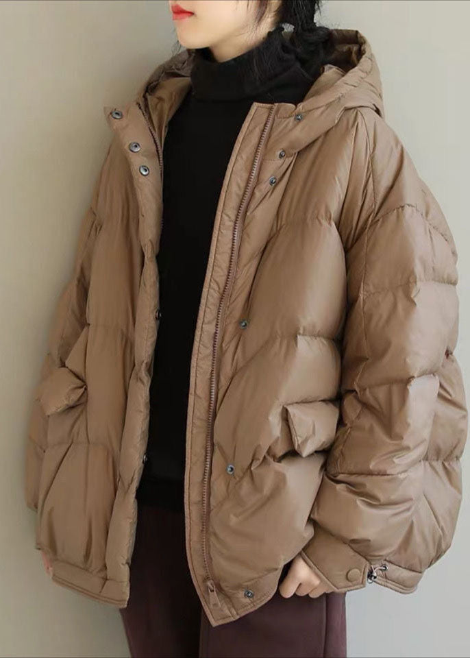 Khaki Duck Down Puffer Jacket Hooded Pockets Winter