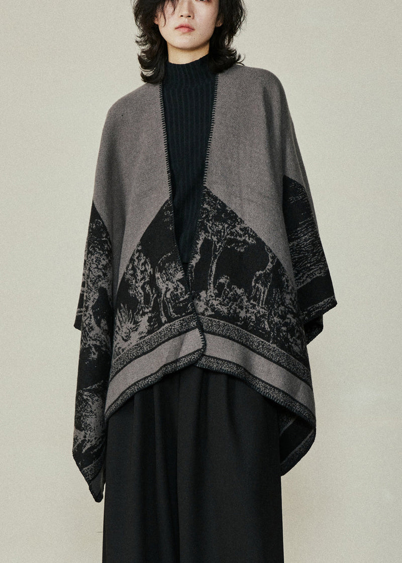 Organic Black V Neck Print Cotton Knit Shawl Coats Fal