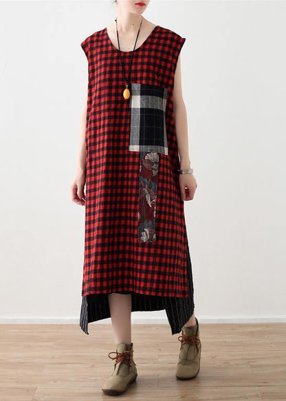 Diy Plaid Patchwork Linen Cotton Wardrobes Work Outfits Sleeveless a Line Summer Dress