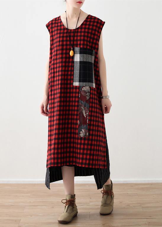 Diy Plaid Patchwork Linen Cotton Wardrobes Work Outfits Sleeveless a Line Summer Dress