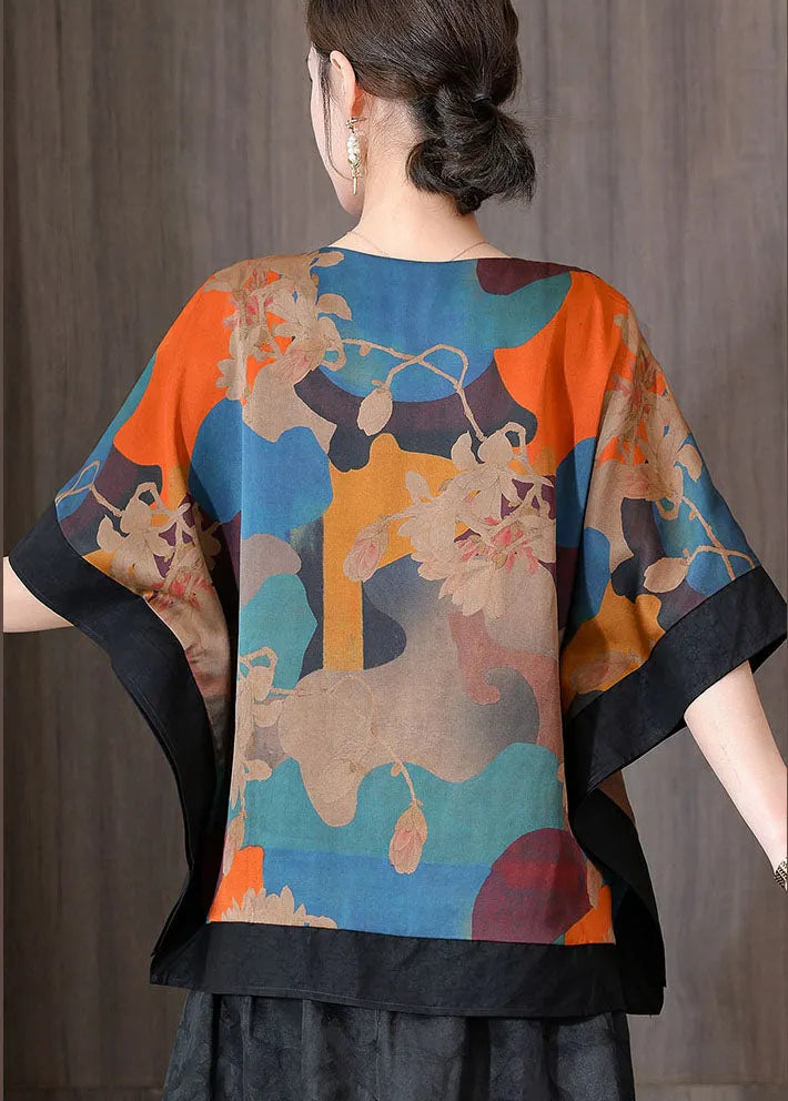 Retro Blue Print V Neck Patchwork Silk Tops and Skirts Two Pieces Set Summer