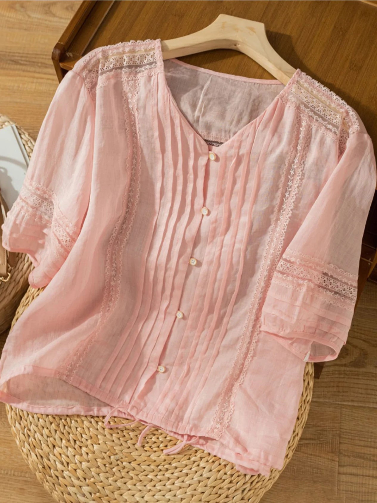 Pure Color V Neck 3/4 Sleeve Linen Top