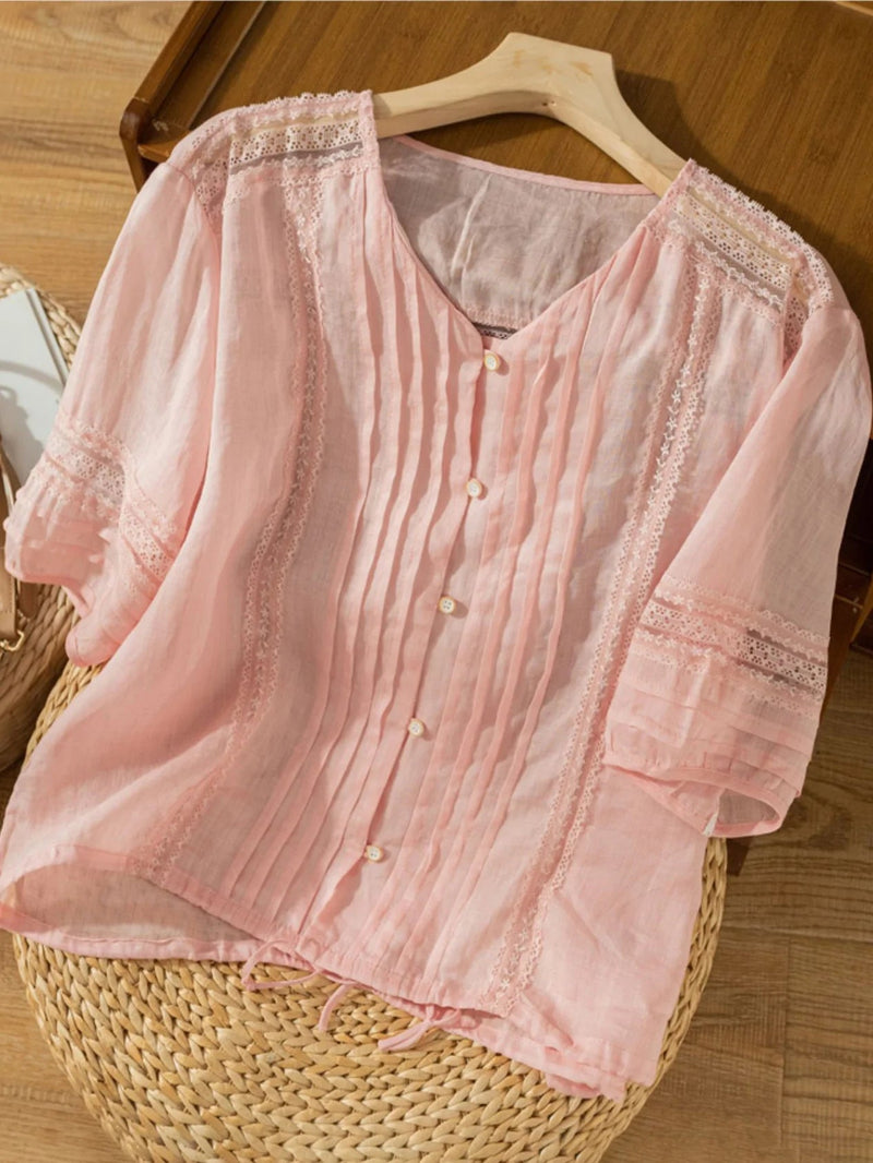 Pure Color V Neck 3/4 Sleeve Linen Top