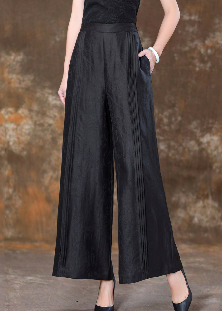 Black Patchwork Silk Velour High Waist Wide Leg Pants