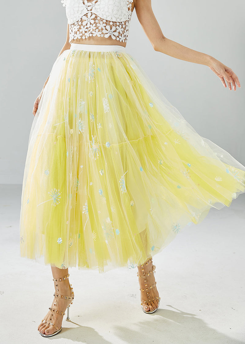Yellow Dandelion Embroideried Wear on Both Sides Tulle Skirts Summer