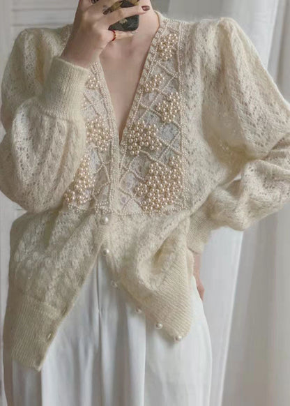 Loose Beige V Neck Pearl Button Thick Knit Coat Long Sleeve