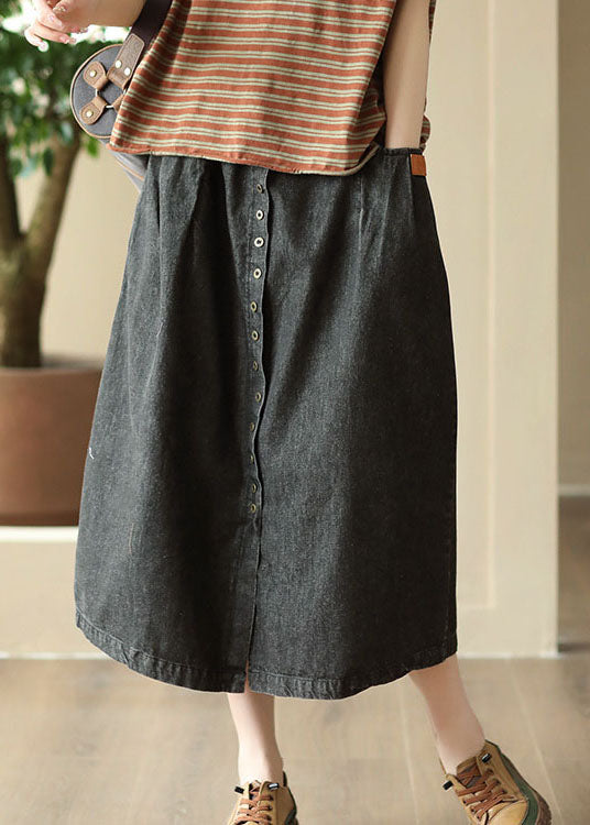 Diy Black Wrinkled Pockets Elastic Waist Patchwork Denim Skirt Summer