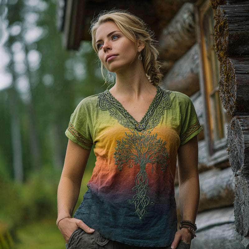 Vintage Viking Life Of Tree Gradient Art Women's Linen V Neck T-shirt elevenforest