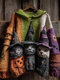 Halloween Witch Cats Colorblock Hooded Cozy Knit Sweater elevenforest