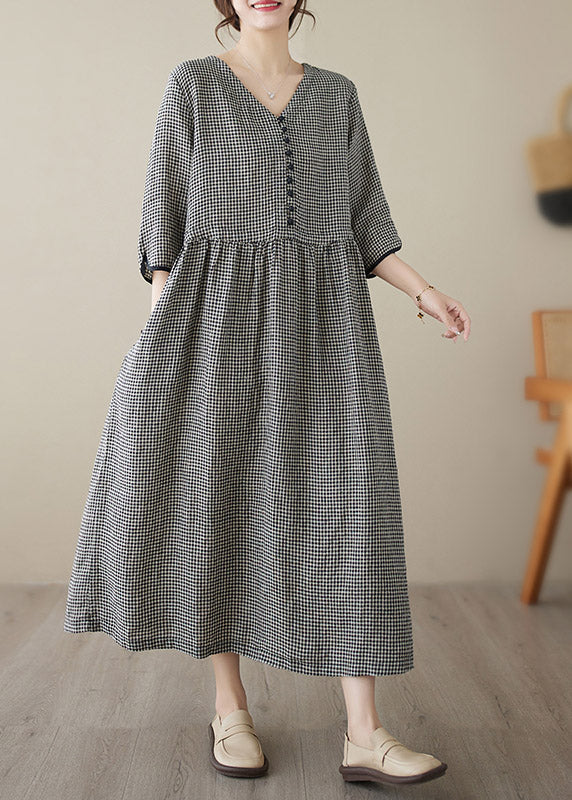 V Neck Plaid Patchwork Button Linen Maxi Dresses Summer