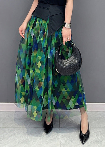 Green Print Patchwork High Waist Tulle Skirts