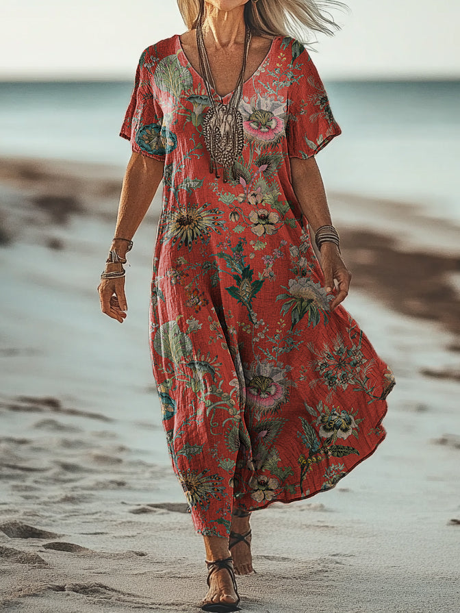 Women's Vintage Ethnic Floral Art Print Pocket Cotton Dress