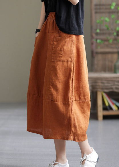 Boutique Orange Elastic Waist Pockets Patchwork Linen Skirt Spring