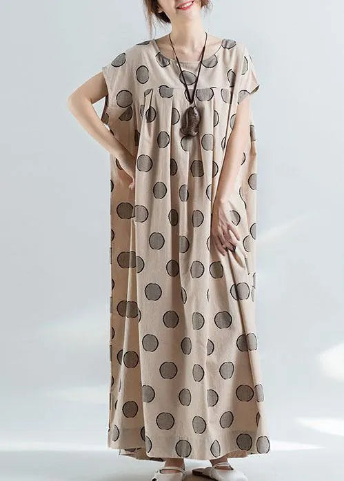 Organic Nude Dotted Prints Cotton Tunic Pattern Loose Waist Maxi Summer Dress