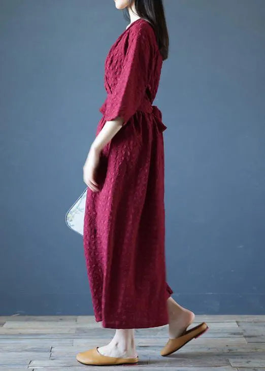V Neck Tie Waist Linen Clothes for Runway Burgundy Dress