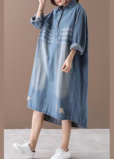 Lapel Hole Outfit Shape Denim Blue Dresses