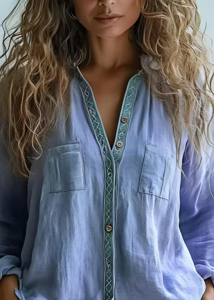 Purple V-neck Print Button Cotton Shirts Tops Spring