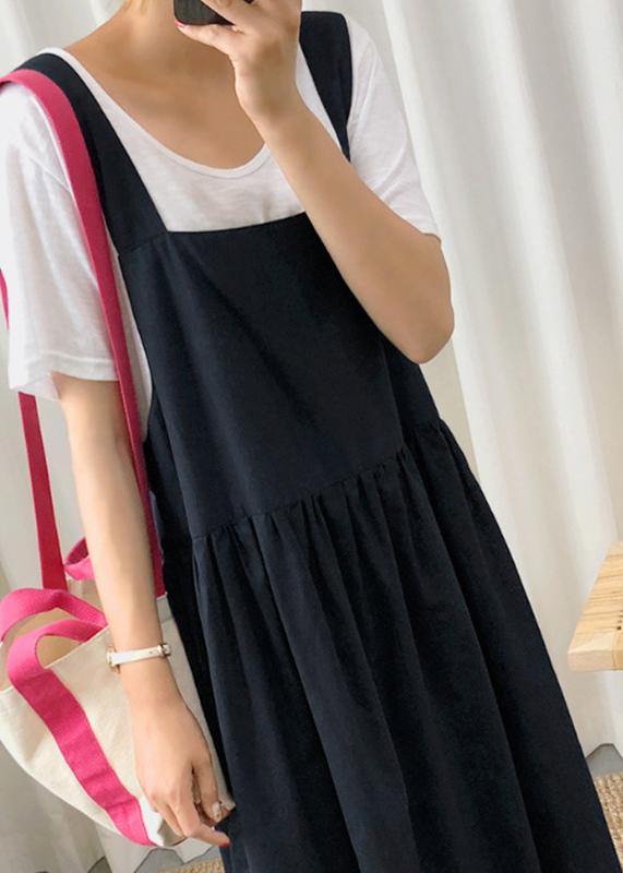 Style Spaghetti Strap Cinched Linen Cotton Clothes for Sewing Black Dress