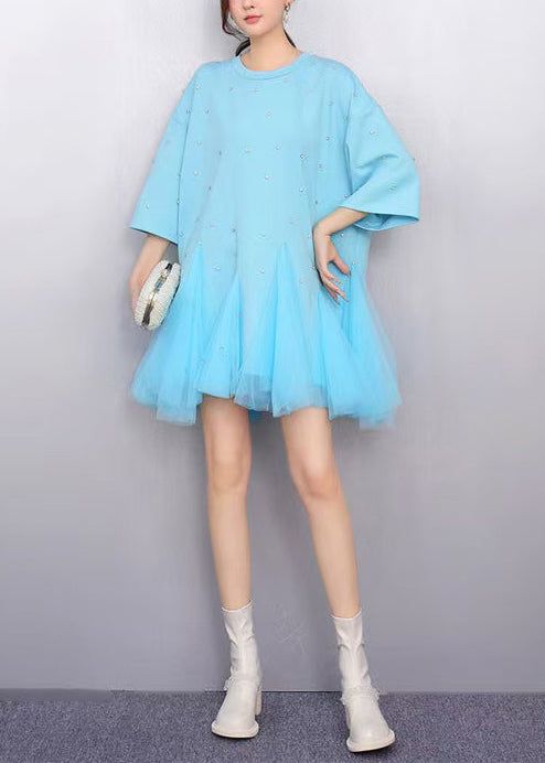 Blue Oversized Patchwork Tulle Mini Dress Summer
