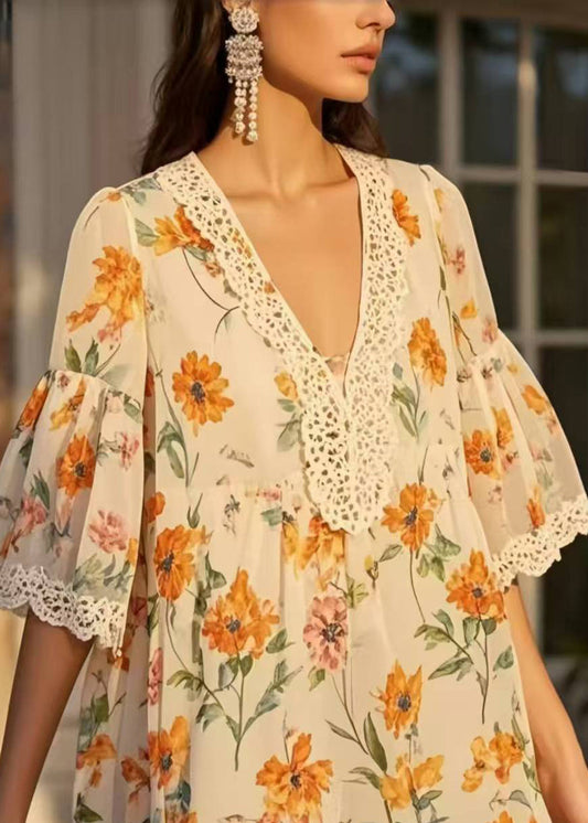 Beige Print Patchwork Lace Chiffon Day Dress Summer