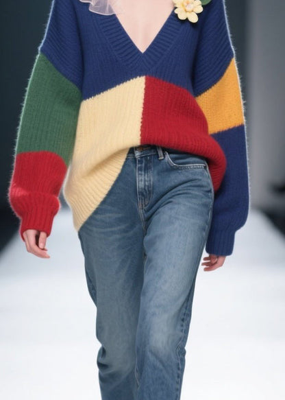 Colorblock V Neck Knit Sweaters Winter