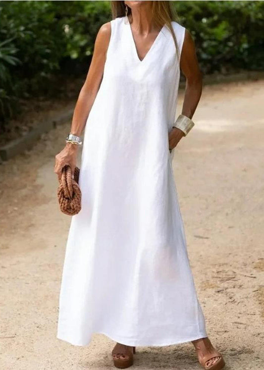 White V Neck Cotton a Line Dress Sleeveless