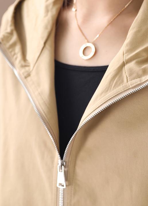 Khaki Trench Coat Work Hooded Zippered Fall Coat