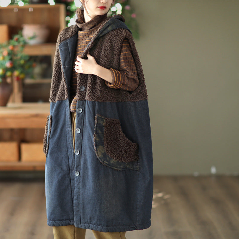 Lamb Wool Panel Denim Mid-length Vest Jacket