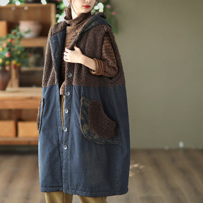 Lamb Wool Panel Denim Mid-length Vest Jacket
