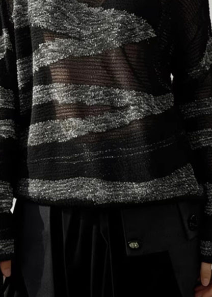 Grey Striped Patchwork Knit Sweater Hollow Out Spring