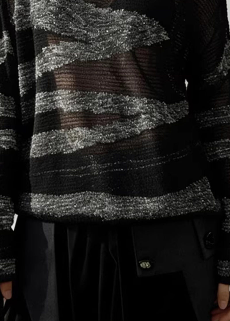 Grey Striped Patchwork Knit Sweater Hollow Out Spring