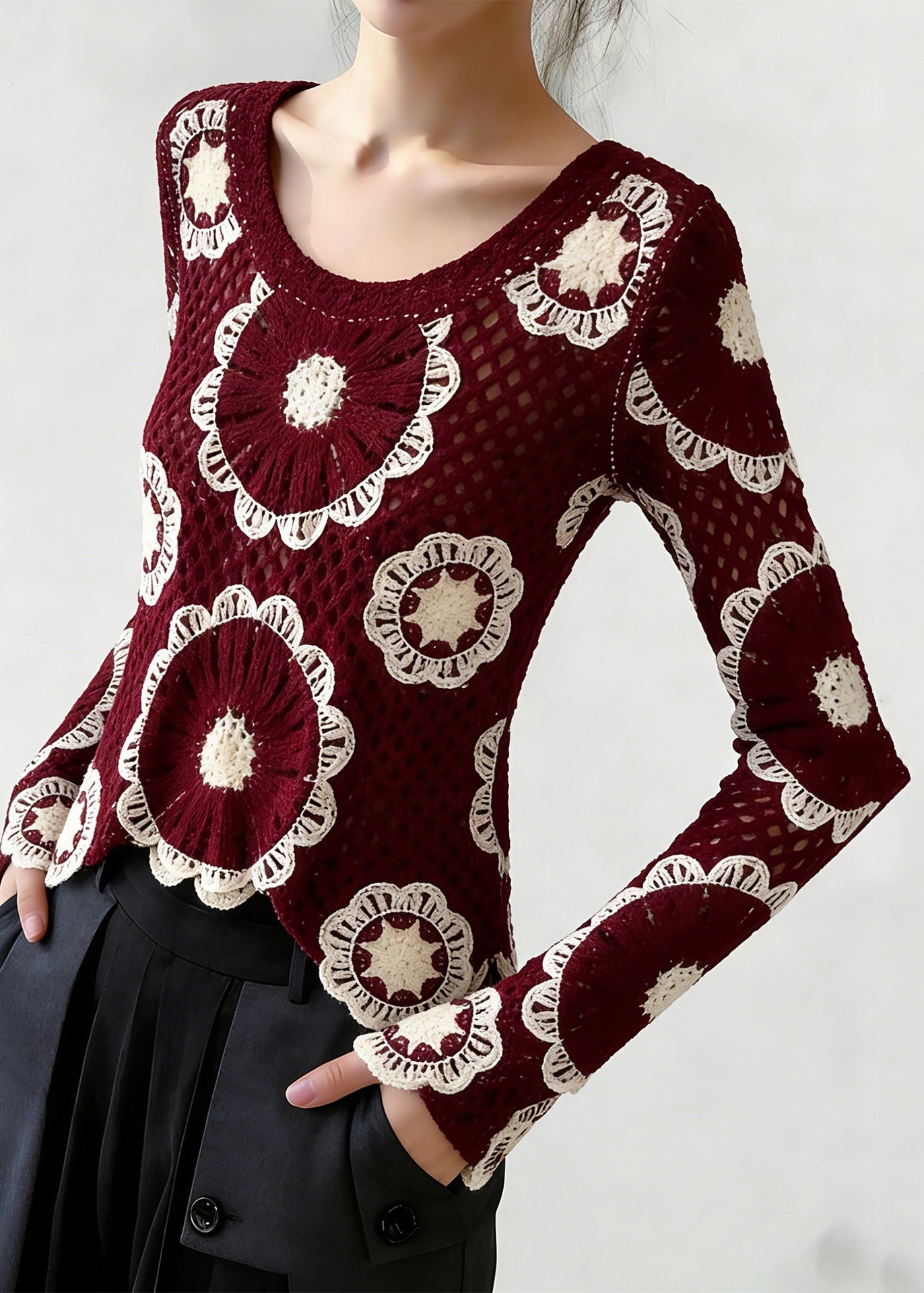 Red O-neck Hollow Out Knit Top Spring