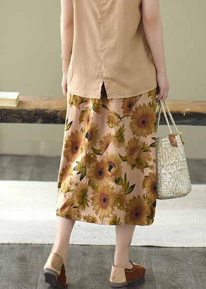 Yellow Print Linen a Line Skirts Pockets Print Summer
