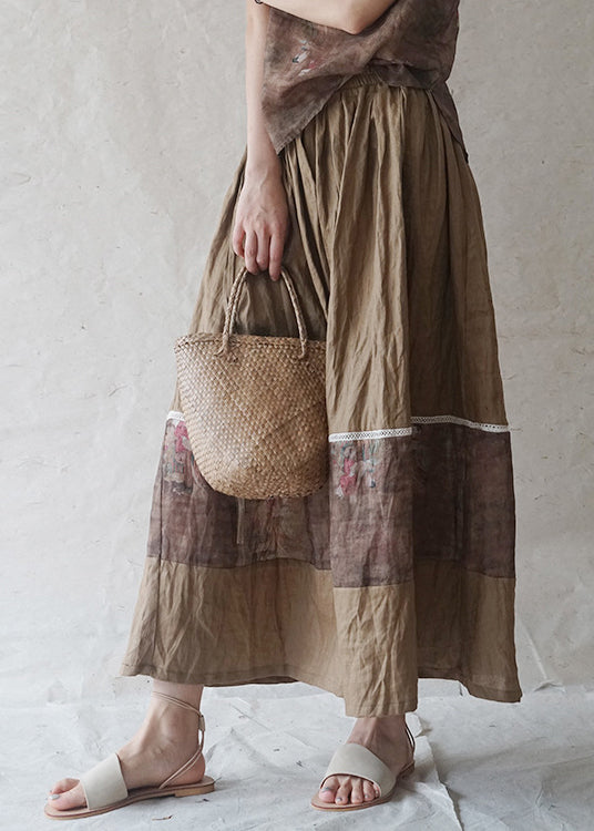 Natural Green Elastic Waist Drawstring Print Patchwork Linen Skirt Spring