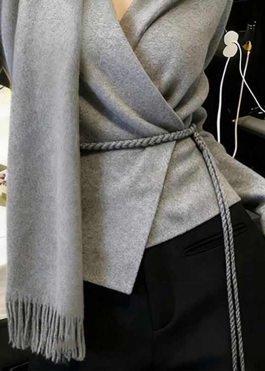 Boutique Grey Bow Tie Waist Knit Sweaters Winter
