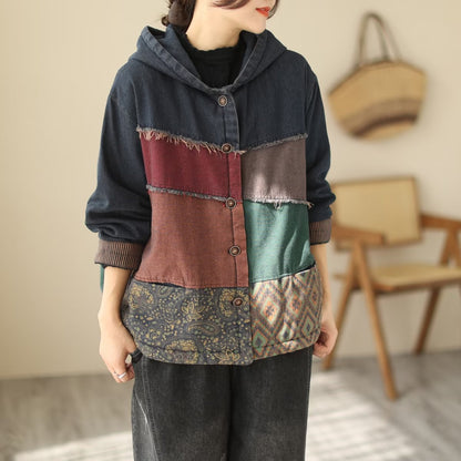 Padded Thick Loose Colorblock Denim Jacket