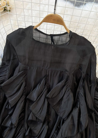 Black O-neck Ruffled Patchwork Button Silk Top Long Sleeve