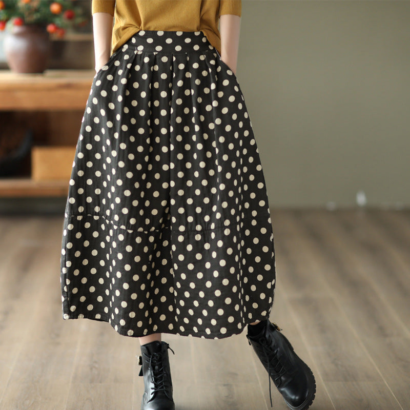 Printed Cotton and Linen Slim Elastic Waist A-line Skirt