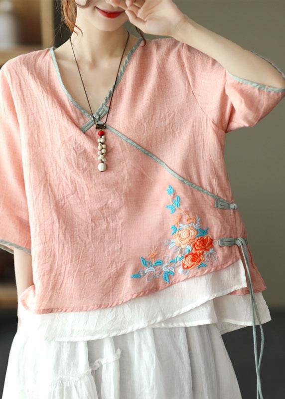 Pink V Neck Embroidered Summer Ramie Half Sleeve Tops