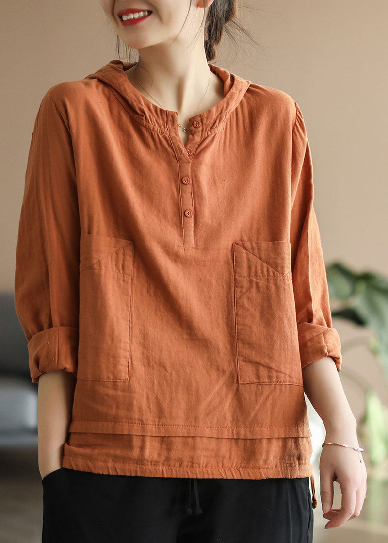 Orange Cotton Shirts Top Drawstring Hooded Long Sleeve