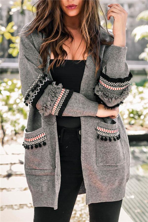 Cording Knitted Cardigan - Gray